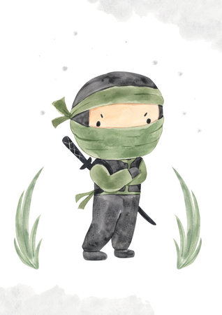watercolor ninja template for nursery, baby shower, invitation for birthday partyの写真素材
