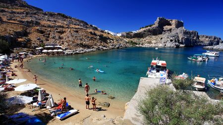 People play and relax on the beach beautiful St Pauls Bay のeditorial素材