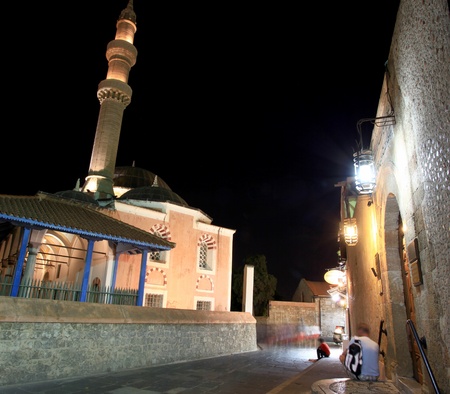 Historic mosque in Rhodes old Town at nightimeの写真素材