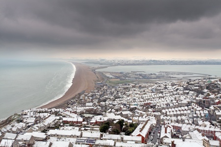 Portland dorset and chesil beach covered in snow in winterの写真素材