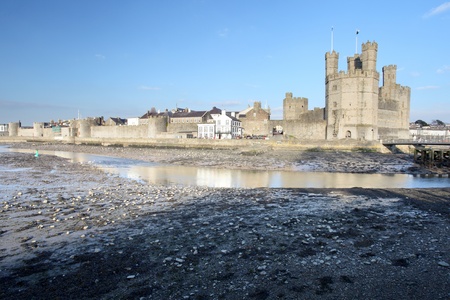 Medievil Caernarfon castle & estuary in north Wales のeditorial素材