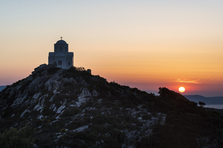Naxos Island Greece Church Sunsetの写真素材