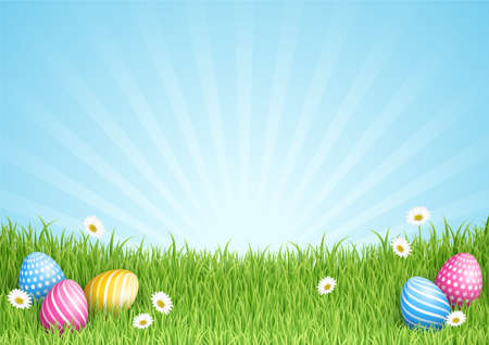 Easter Eggs In Field of Green Grass Backgroundのイラスト素材