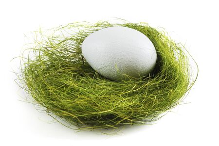 close-up of egg in a nest over whiteの写真素材