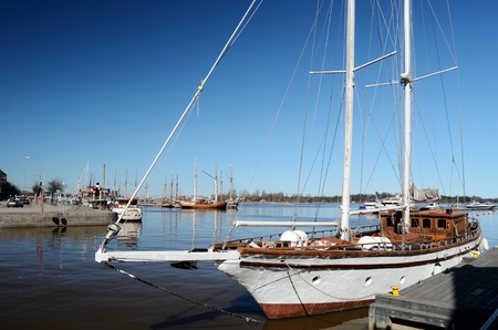 two-masted sailing ship moored in Helsinki, Finlandの写真素材