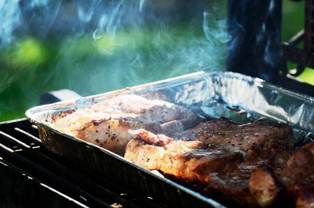 meat is roasted on the grill, smoke