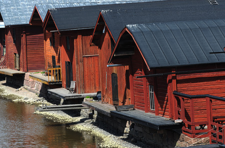 wooden barns near the river in the old town of Porvoo, Finland, Europeの写真素材