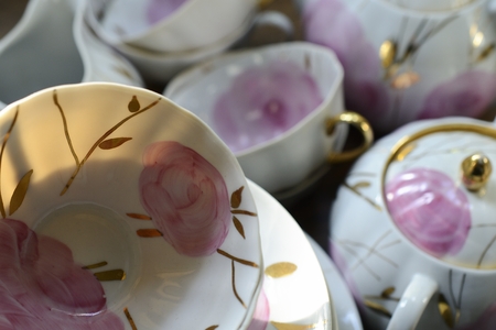 traditional Russian porcelain tea set, flowers and gold