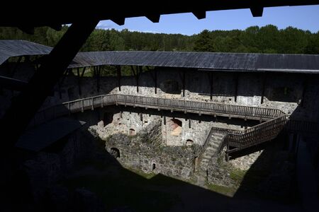 courtyard of a medieval Raseborg castle on a rock in Finland in summerの写真素材