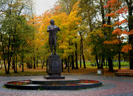 monument to the Russian poet Gavriil Derzhavin of the 18th century in the park of the city of Petrozavodsk, Russiaのeditorial素材