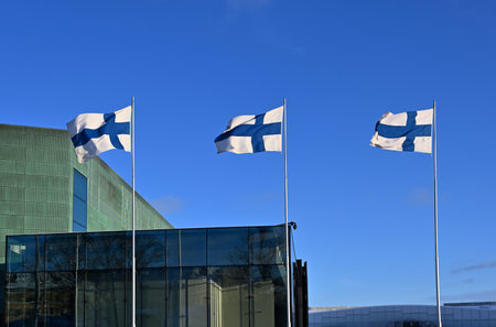 waving national flags of Finlandの写真素材
