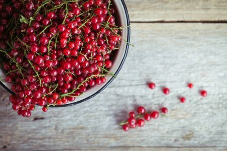 red currants in an enamel pot on wooden backgroundの写真素材