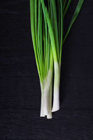 Green onions on a black backgroundの写真素材