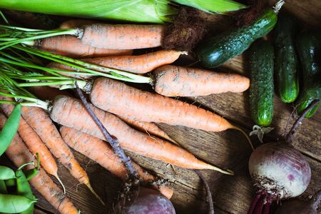 Fresh vegetables beet carrot cucumber onion pepper potato tomato. Vegetarian food. Healthy life.