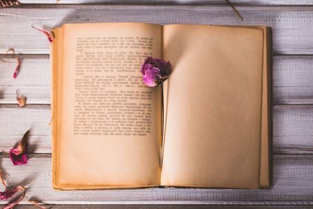 Dried flowers and book on wooden backgroundの写真素材