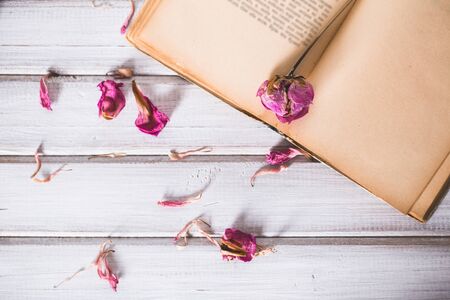 Dried flowers and book on wooden backgroundの写真素材
