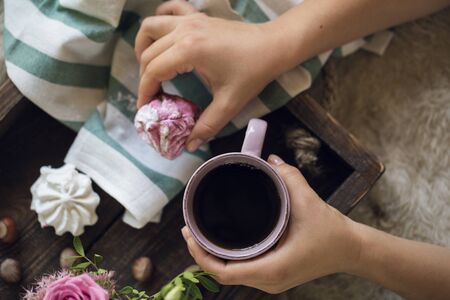 Beautiful breakfast with coffee and marshmallows. View from aboveの写真素材