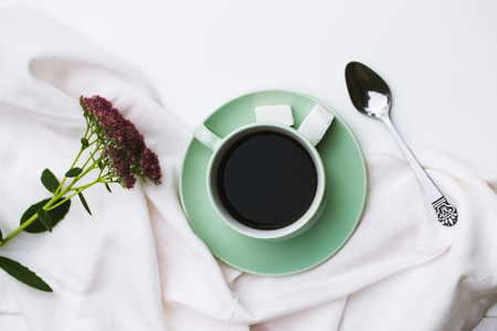 Coffee cup, glasses on white backgroundの写真素材