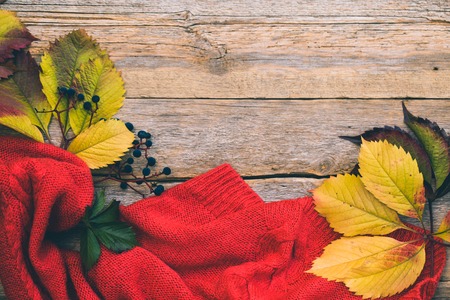 Autumn leaves and knitted sweater on a wooden backgroundの写真素材