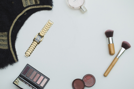 Professional makeup tools, flatlay on white backgroundの写真素材