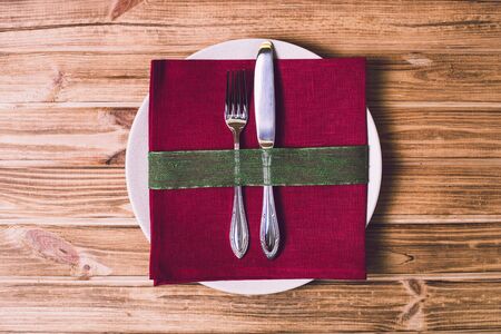Christmas table setting with christmas decorations,. Top view, copyspace.