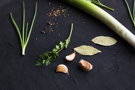 Fresh leek and garlic on a black background