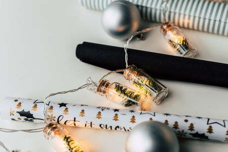 Christmas present wrapping twine, wooden vintage garlandの写真素材