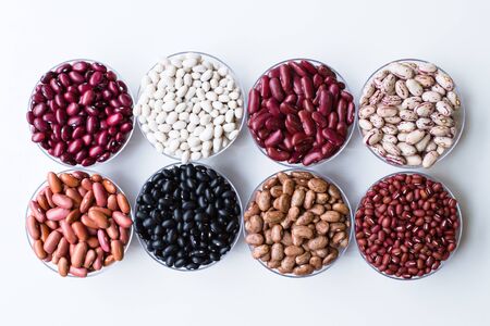 collection set of beans, legumes, peas, lentils on bowl on white backgroundの写真素材