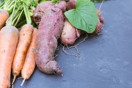 Fresh carrots and sweet potato on a black backgroundの写真素材
