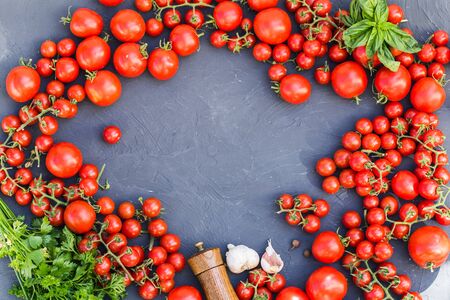 Fresh grape tomatoes with basil and garlic, pepper.の写真素材