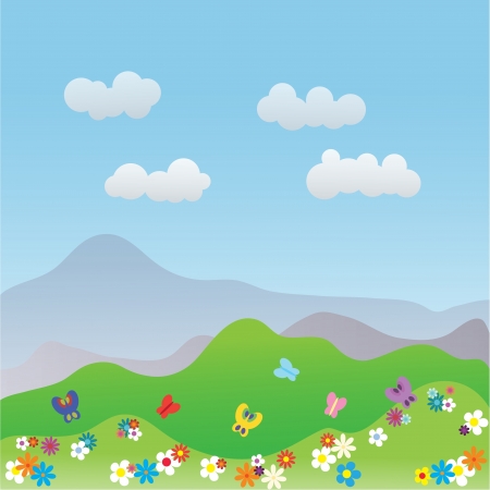 Beautiful summer landscape with colourful flowers and butterflies のイラスト素材