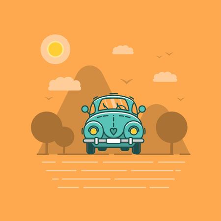 Vector illustration of the car on the country landscape. Line art style.のイラスト素材