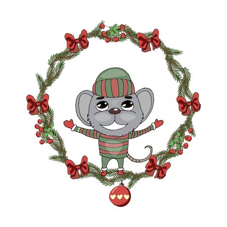 Christmas wreath with a cute mouse in the center in doodle style on a white backgroundorのイラスト素材