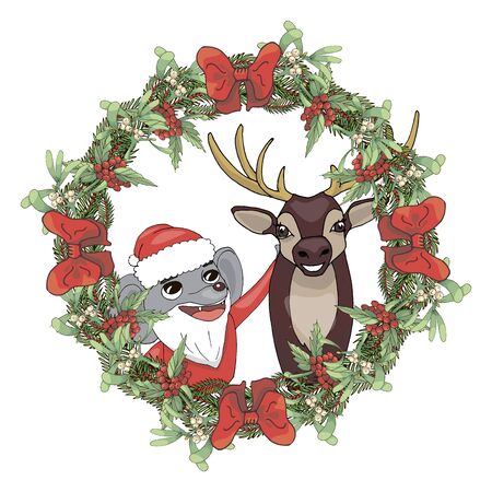 Christmas wreath with a cute deer in the center in doodle style on a white backgroundのイラスト素材