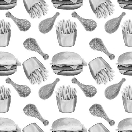 black and white seamless pattern with fast foodの写真素材