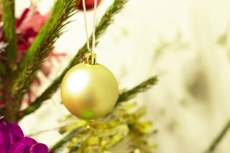Christmas ball hanging on a branch close-up. 
with place for textの写真素材
