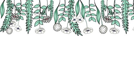 blue cornflower blue seamless pattern on white isolated background. Vector hand-drawn stock illustration. Stylized flowers and leaves. background set. summer wildflowers. symbol of the Slavonic bazaarのイラスト素材