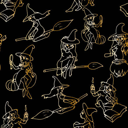 vector seamless pattern. Black witch on a broomstick on a white background for your designのイラスト素材