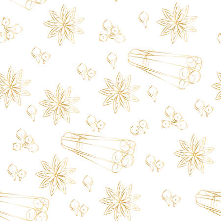 seamless pattern of cinnamon specials, cloves in gold color on a white background. Suitable for wallpaper, fabric.のイラスト素材