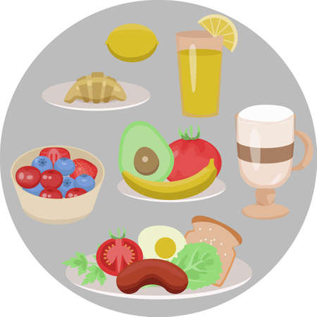 healthy breakfast of several dishes isolated on a gray backgroundのイラスト素材