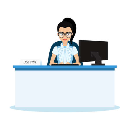 A pretty office girl is sitting in front of the computer at her desk. An attractive woman is smilingのイラスト素材