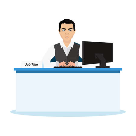 A happy employee is sitting in front of the computer at his desk. A handsome man is smilingのイラスト素材