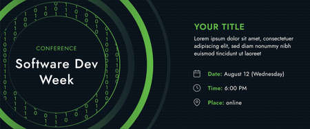 Conference Development Week with the binary concept and contact data on a dark background. Creative design vector template for the webinar, conference, e-mail, flyer, meetup, party, event, web headerのイラスト素材