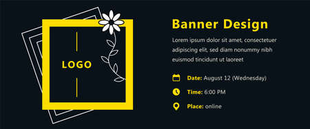 Yellow banner design with flower symbol, logo and contact data on a dark background. Vector template for webinar, conference, e-mail, flyer, meetup, party, event, web headerのイラスト素材