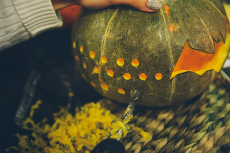 Master class Halloween decorative pumpkins made by handsの写真素材