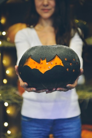 Master class Halloween decorative pumpkins made by handsの写真素材