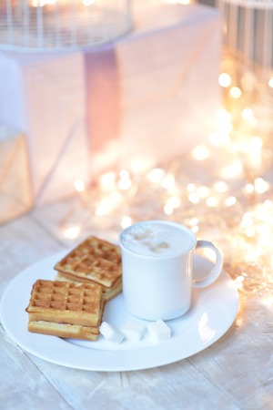 coffee and waffles on Christmas morningの写真素材