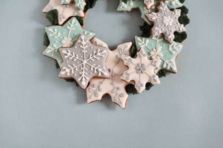 Christmas wreath with cookies. New Years gift of gingerbread