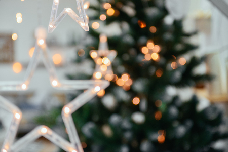 New Year background with stars on the background of a Christmas treeの写真素材