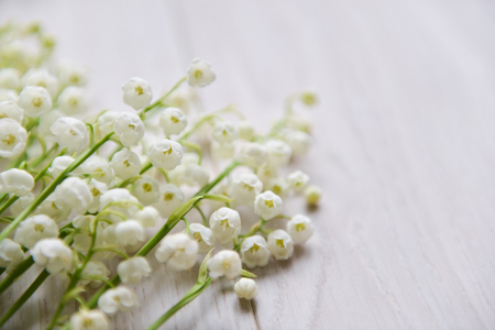 flowers lily of the valley stand on the table backgroundの写真素材